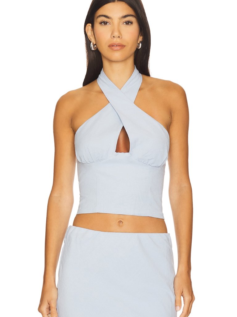 Seven Wonders Billie Top In Sky Blue Criss Cross Halter Crop Backless Tank